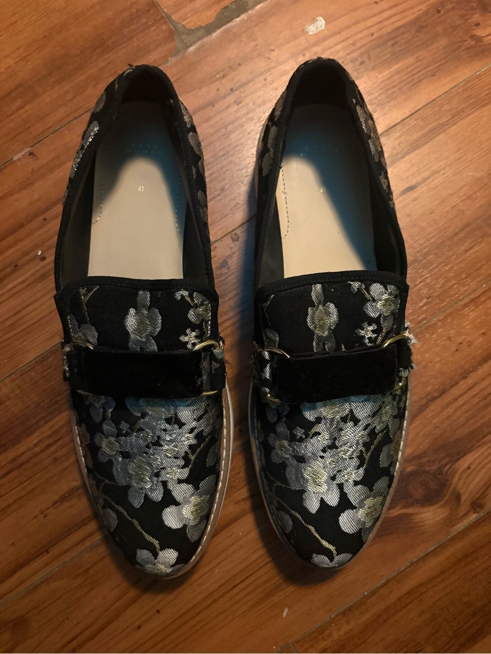 ZARA Black Floral Embroidered Slip-On Loafers with Silver Accents SIZE 41